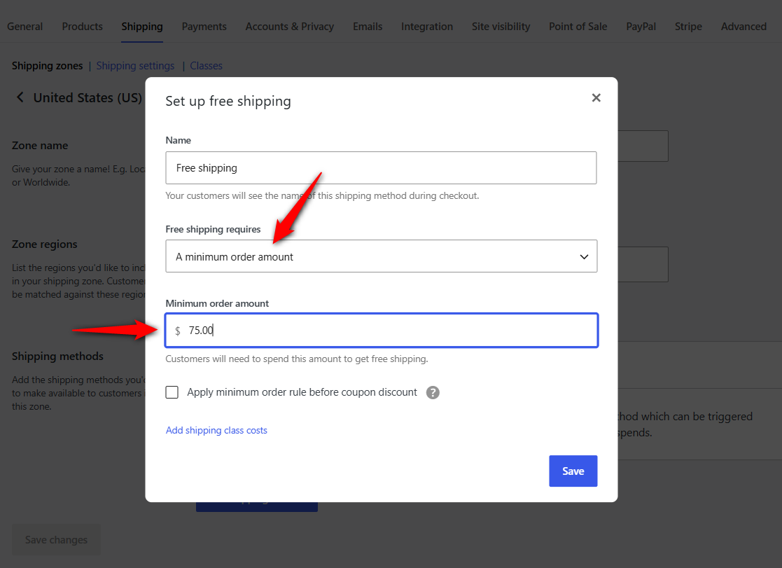Enter the minimum order amount, such as $75, then click 'Create and save'.