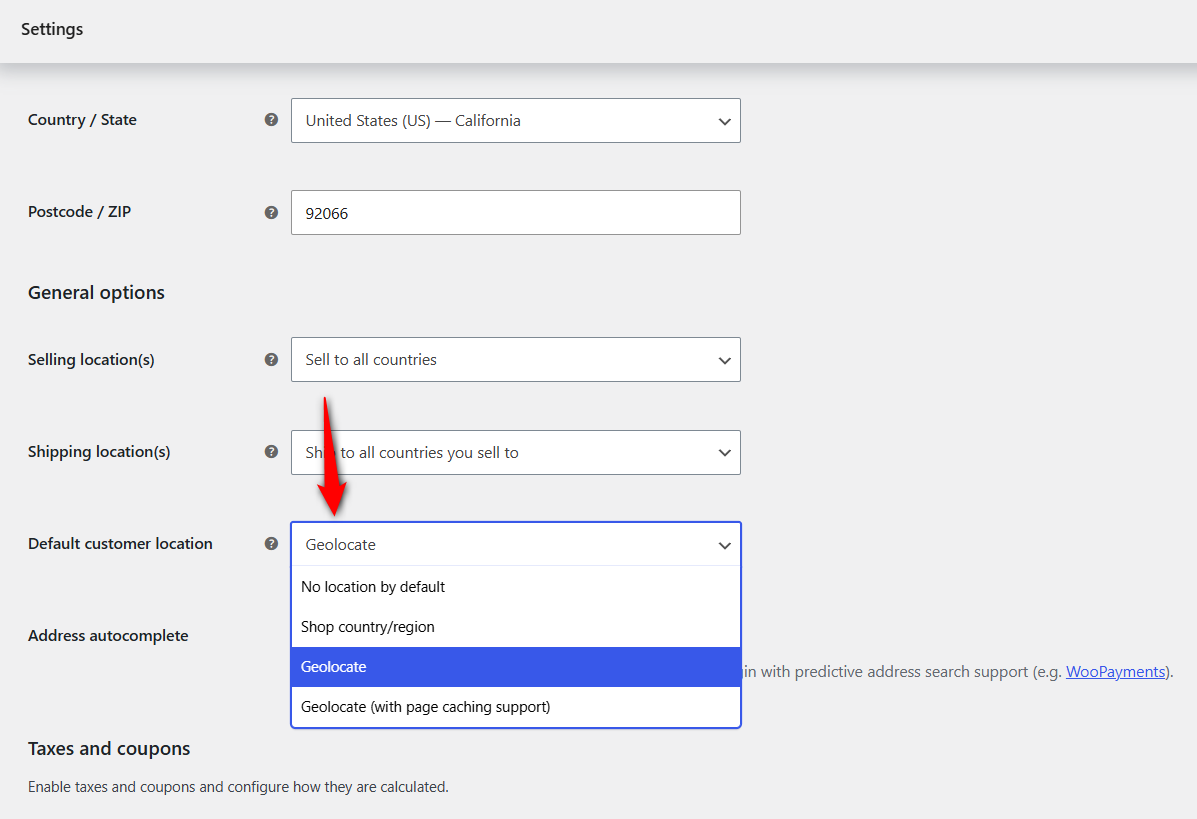 Go to WooCommerce ⇨ Settings ⇨ General and set the default customer location to geolocate