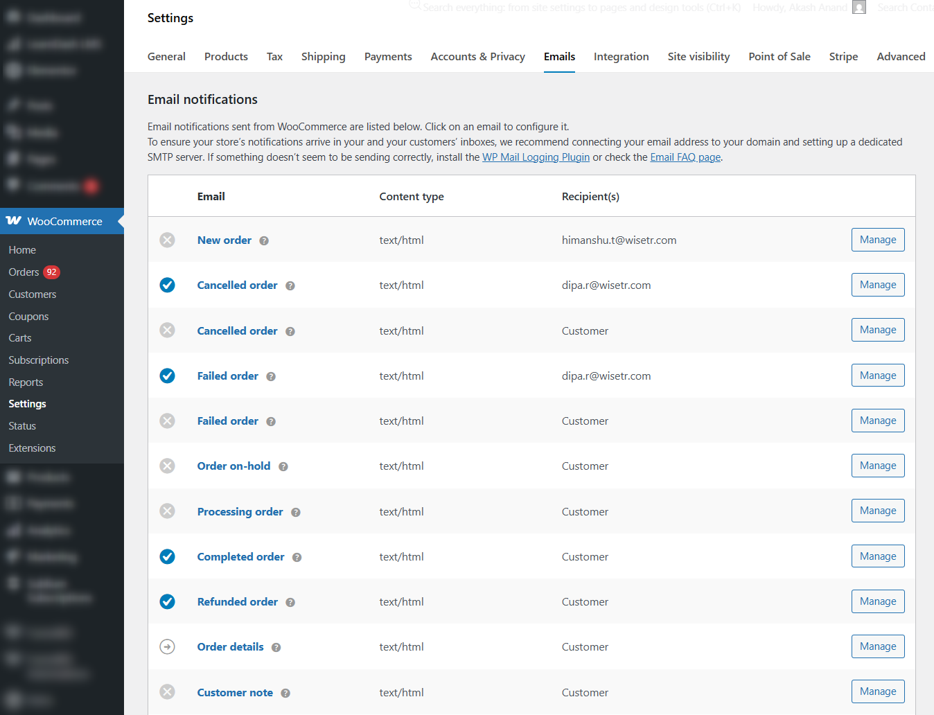 go to woocommerce email settings and click on manage next to email