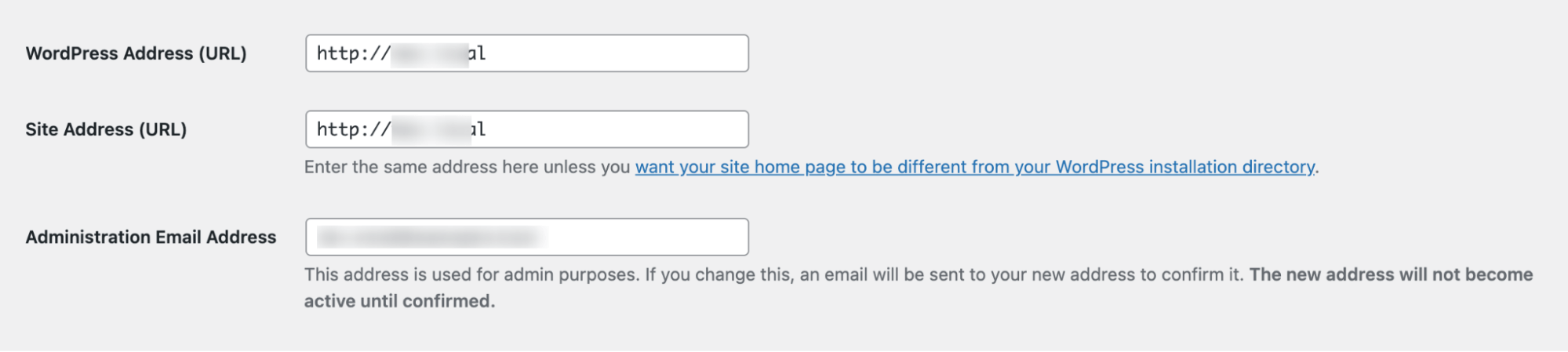 wordpress address and site address
