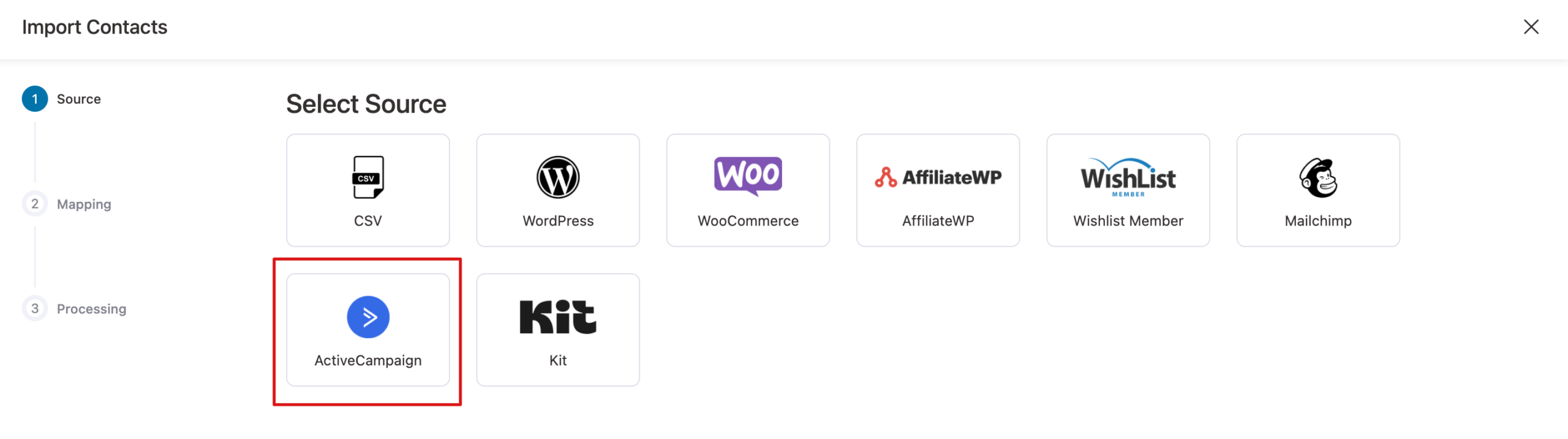 Choose source as Active Campaign