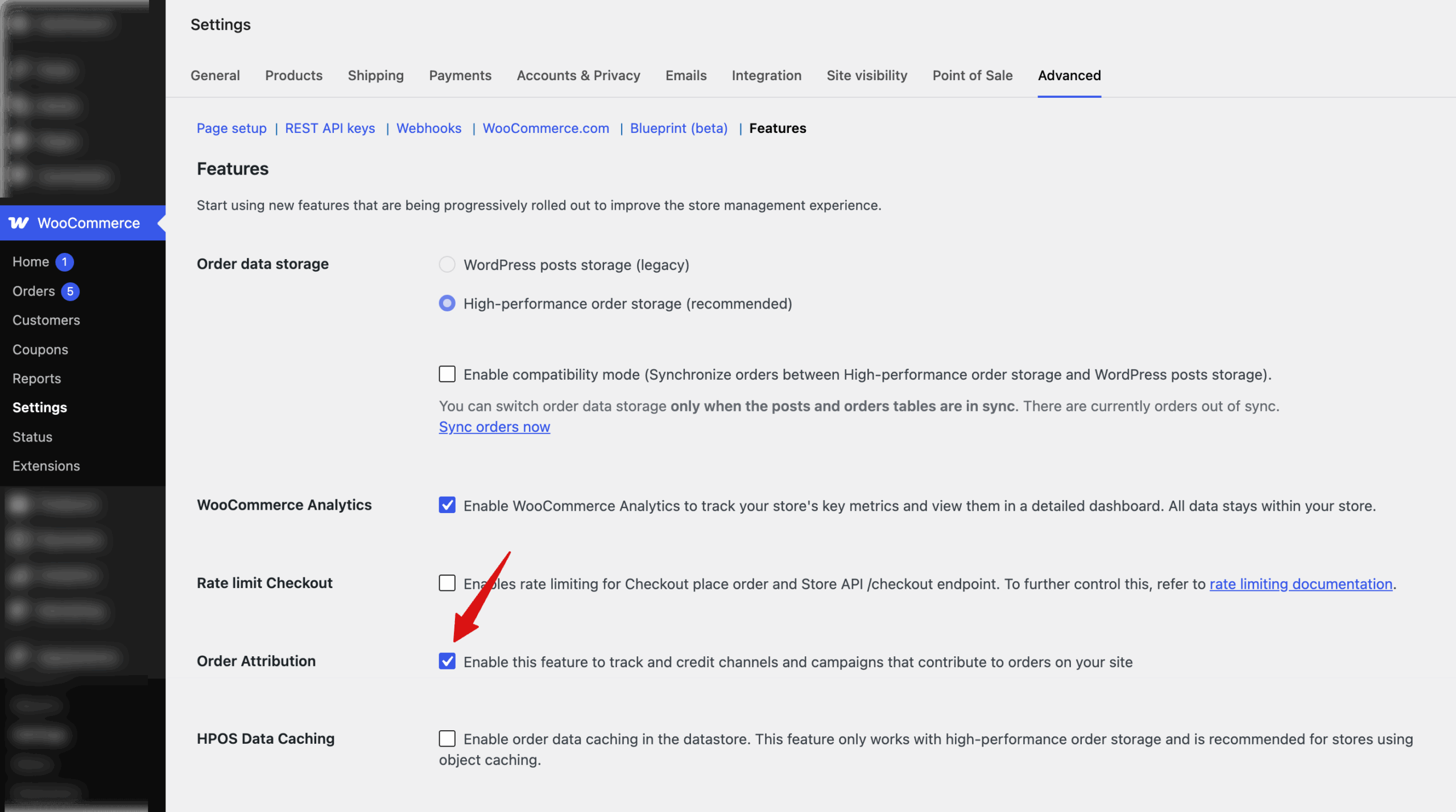 To enable order attribution, navigate to WooCommerce ⇒ Settings ⇒ Advanced ⇒ Features and check the option "Enable this feature to track and credit channels and campaigns that contribute to orders on your site".