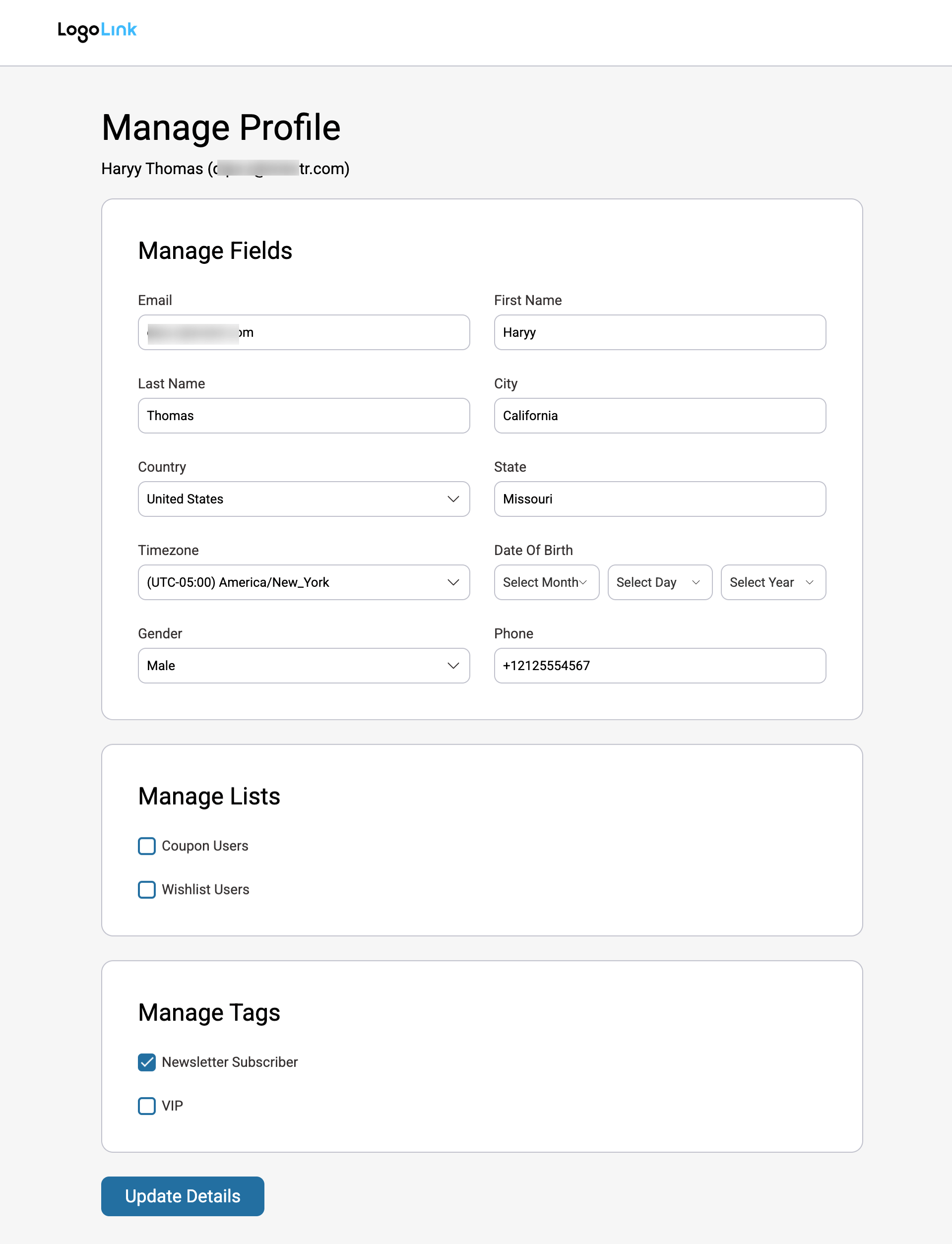Manage profile page