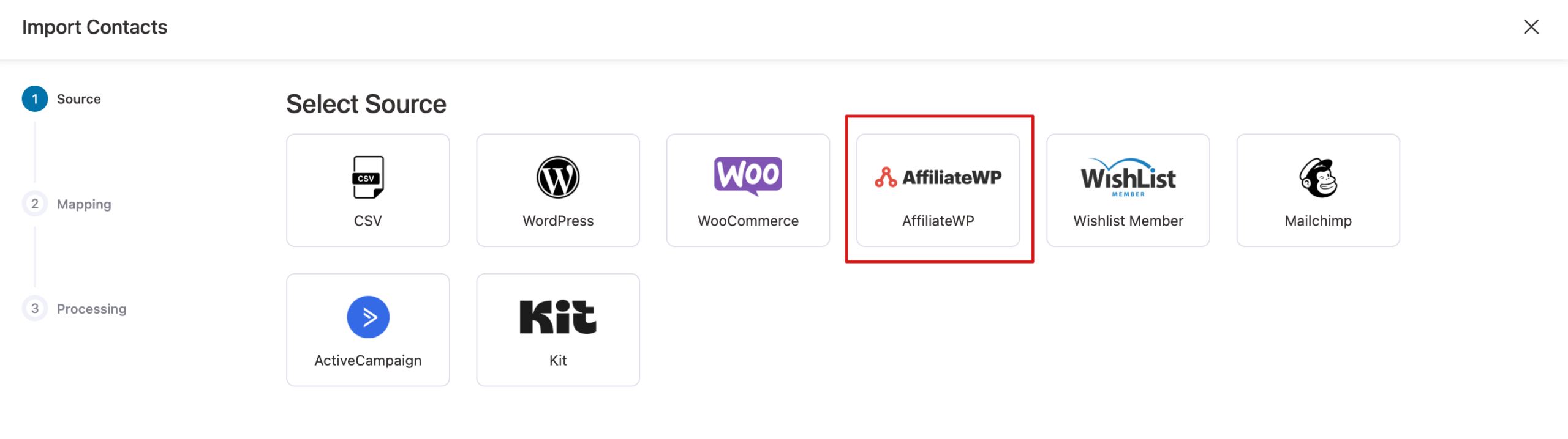 choose source as AffiliateWP
