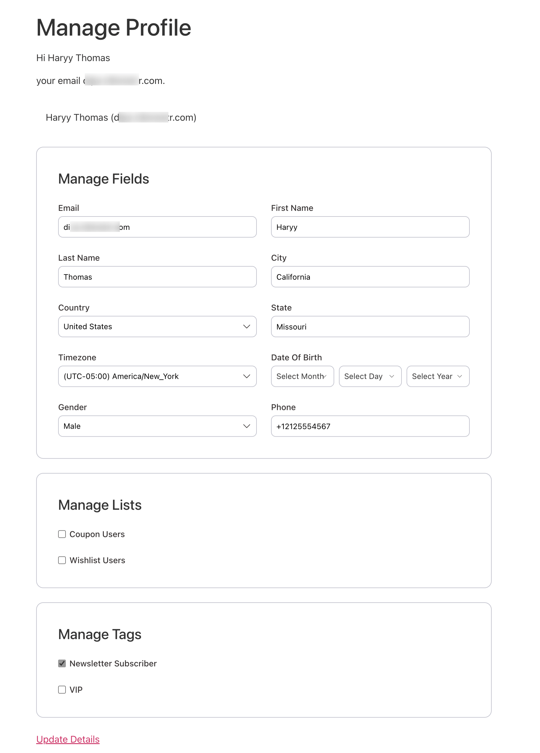 custom manage profile