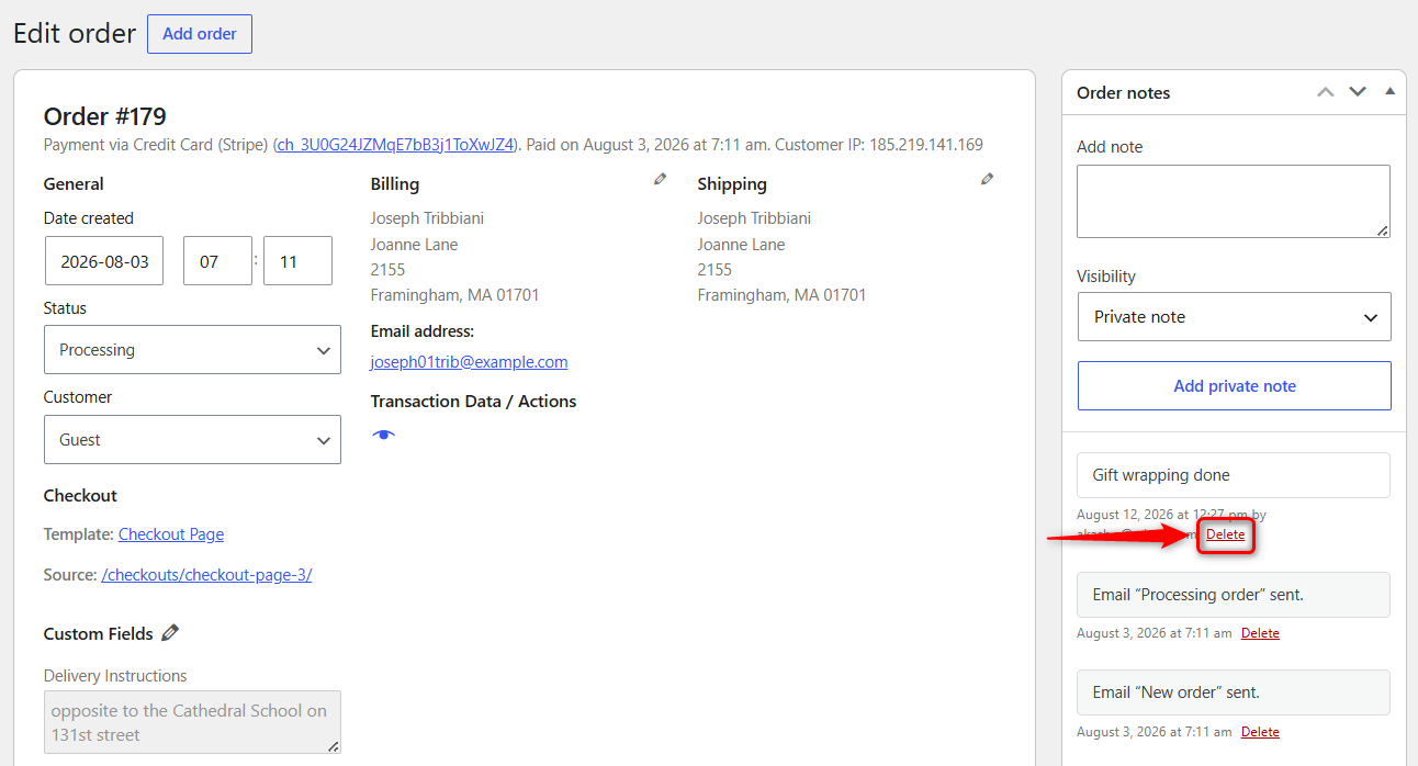 Edit or Delete an Existing Order Note