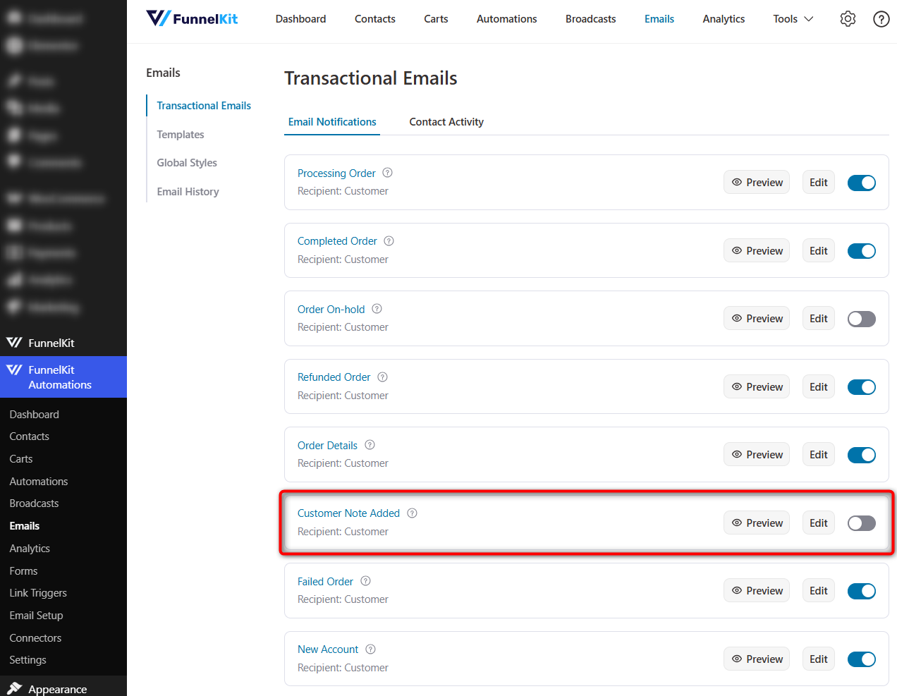 navigate to FunnelKit Automations ⇒ Emails and then click on Customer Note Added email.