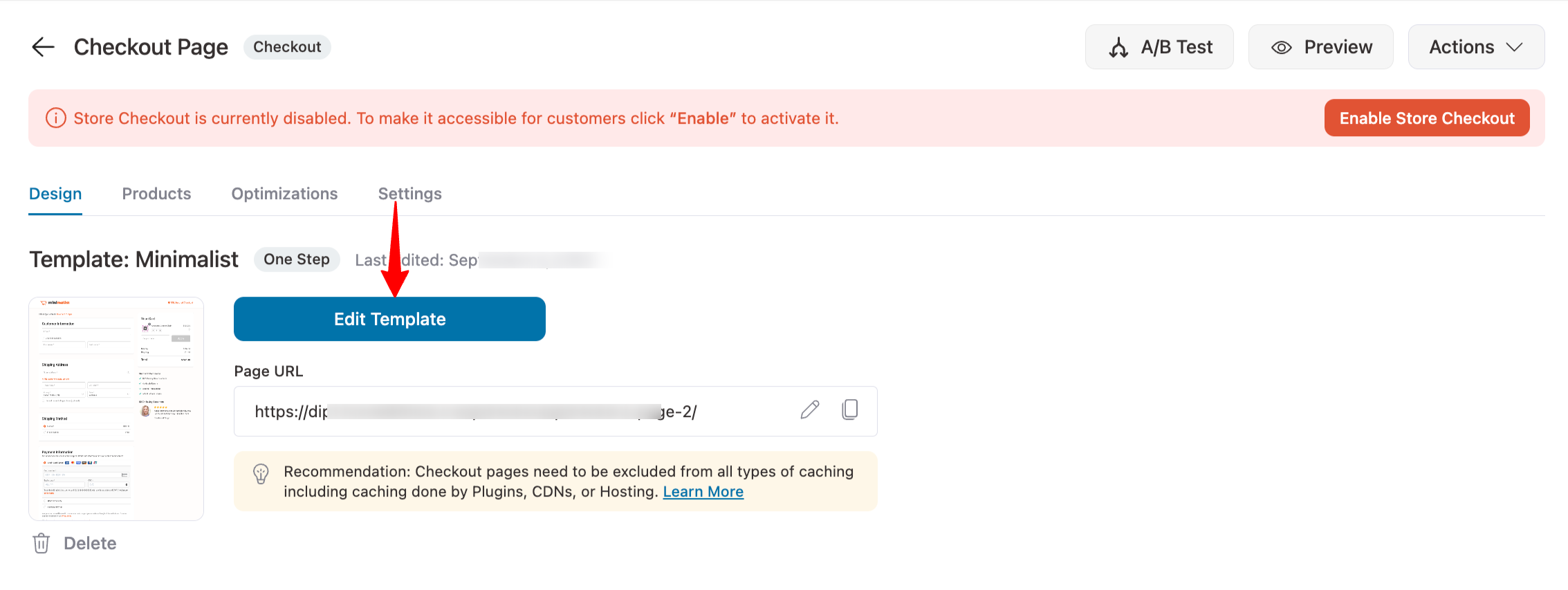 Click on edit template to customize the woocommerce checkout page design
