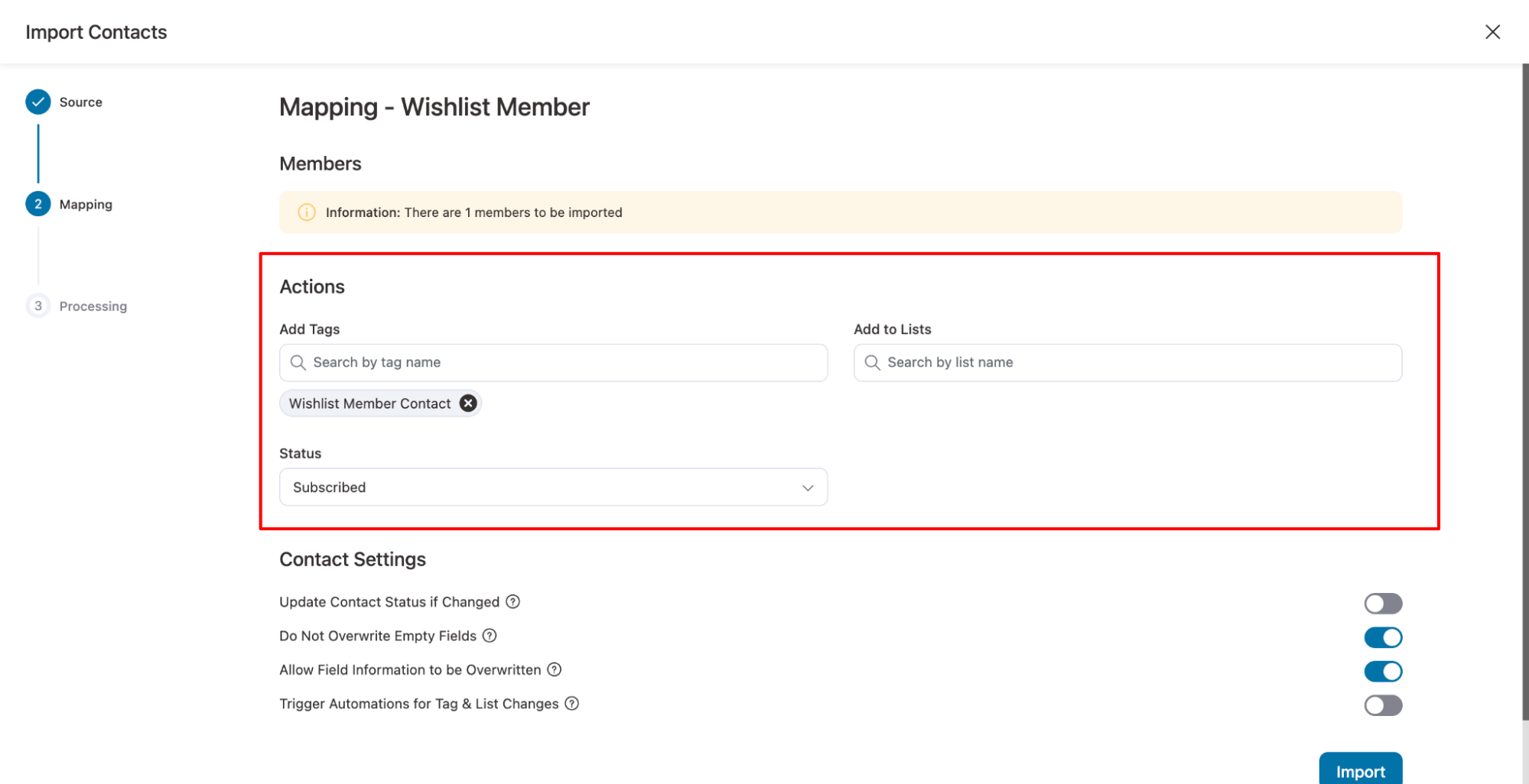 Under Actions, you can add tags, add to lists, and set subscription status.