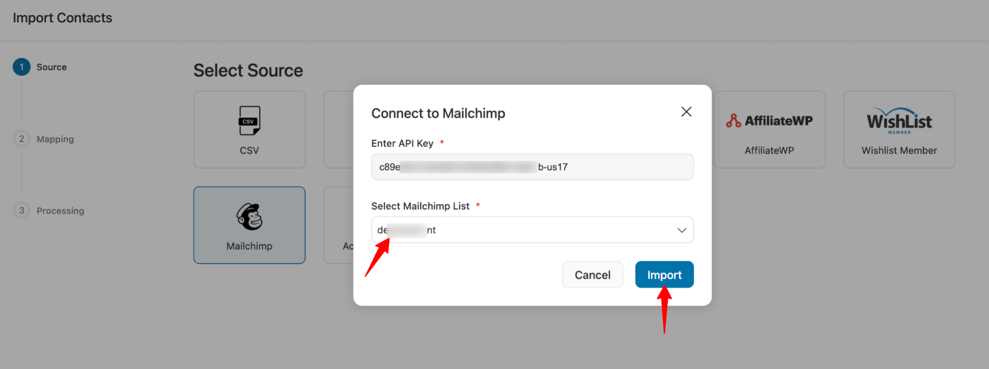 Connect FunnelKit Automations to MailChimp and choose a list for import

