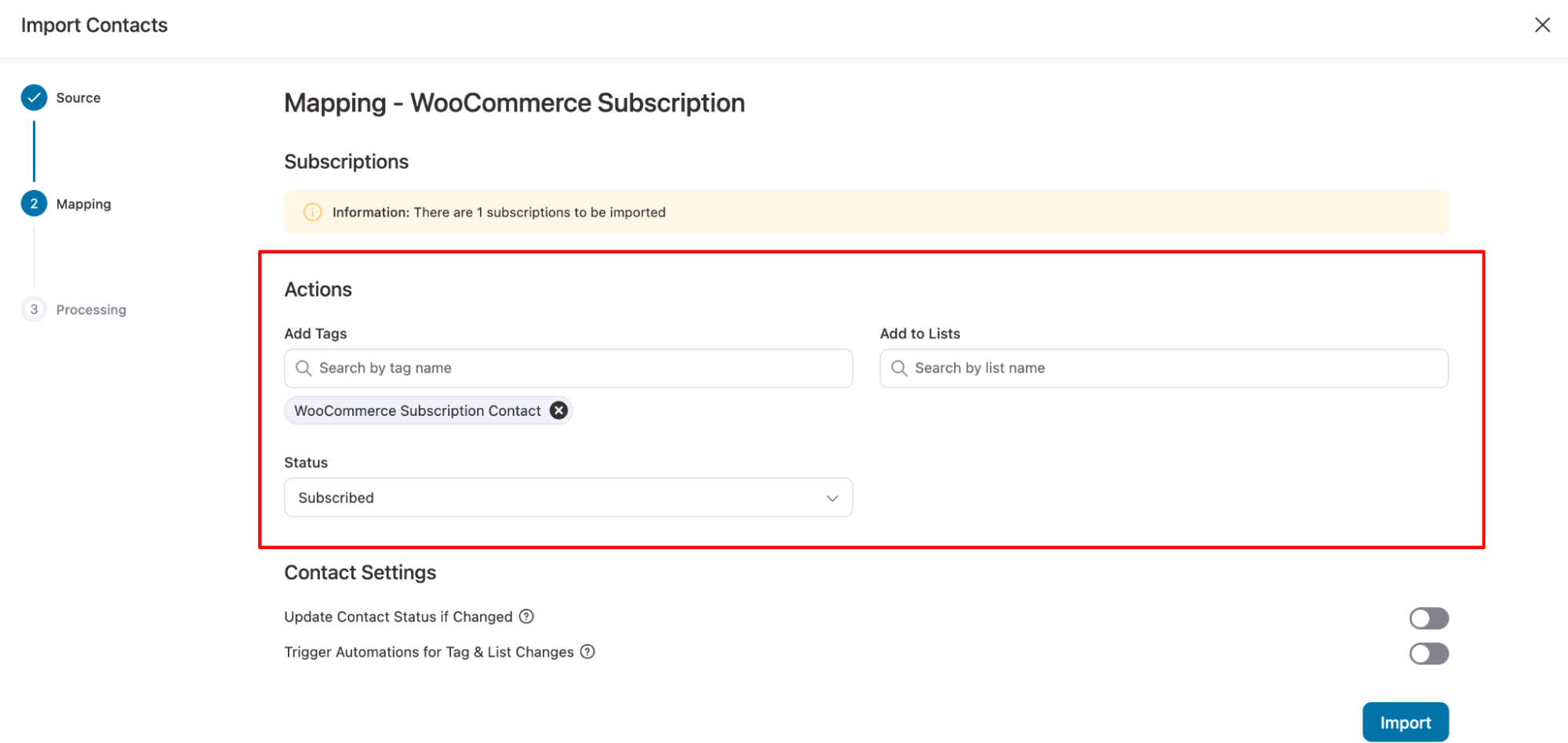 Under Actions, you can add tags, add to lists, and set WooCommerce Subscription status.
