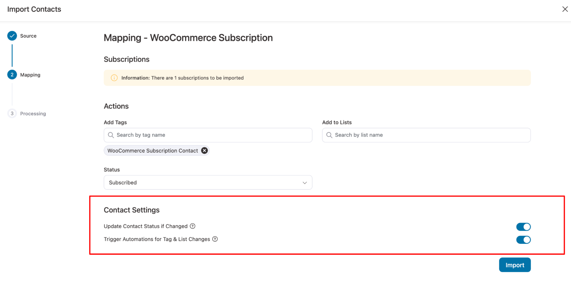 Update Contact Status if Changed: Automatically update a contact’s status (like from lead to customer) if it changes in the imported data.Trigger Automations for Tag & List Changes: Enables automation workflows to run when a contact’s tag or list is updated during import.