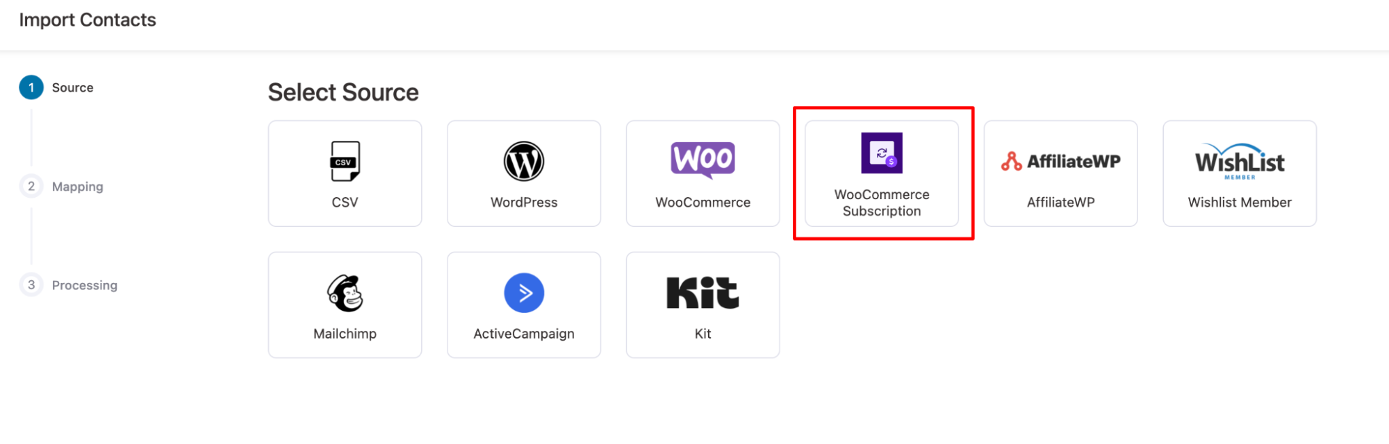 Select WooCommerce Subscription as the source