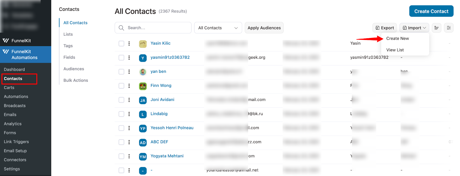 Go to the Contacts tab in FunnelKit Automations and click on Import