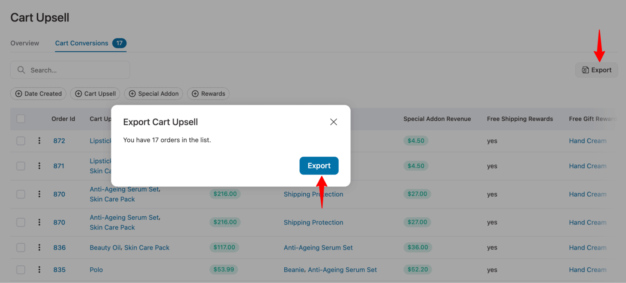To export the conversion data, hit the Export button in the top right corner and confirm.