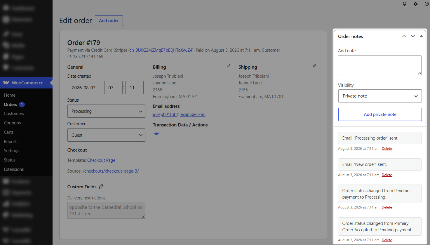 Go to WooCommerce ⇨ Orders, open any order, and look at the right-hand column to find order notes