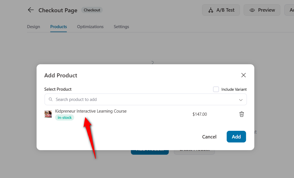 enter the name of your woocommerce product to add to your one page checkout