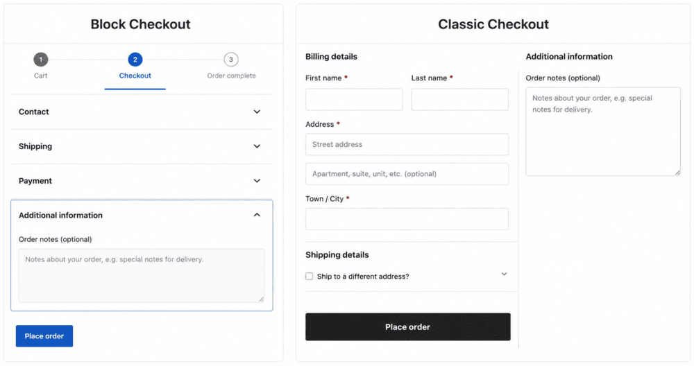 where the order notes field lives in the block and classic checkout