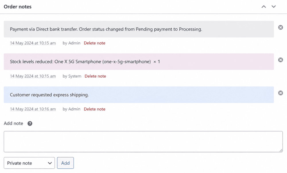woocommerce order notes - color codes and visibility
