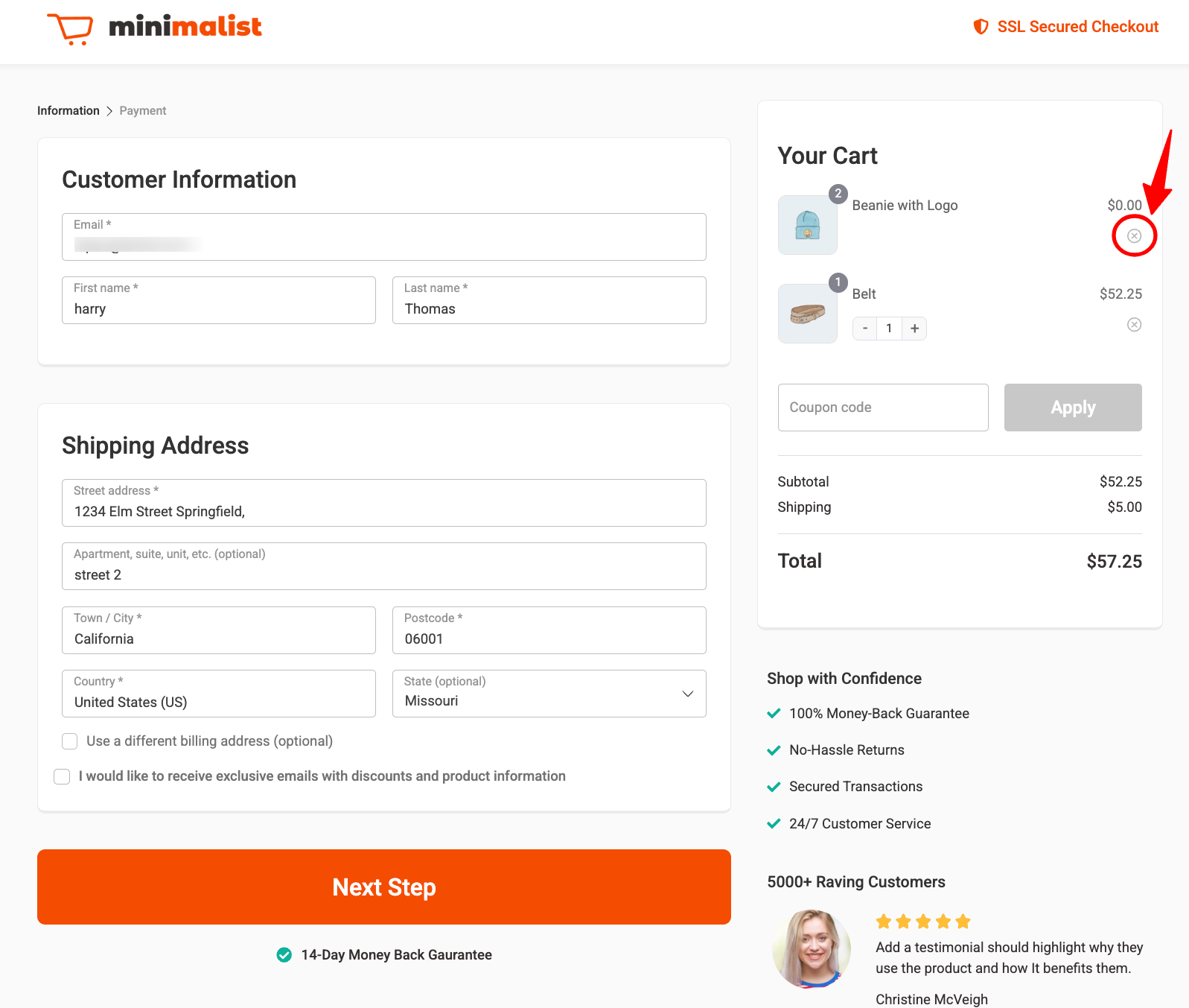 Add the Delete Icon for Free Products on the Checkout Page
