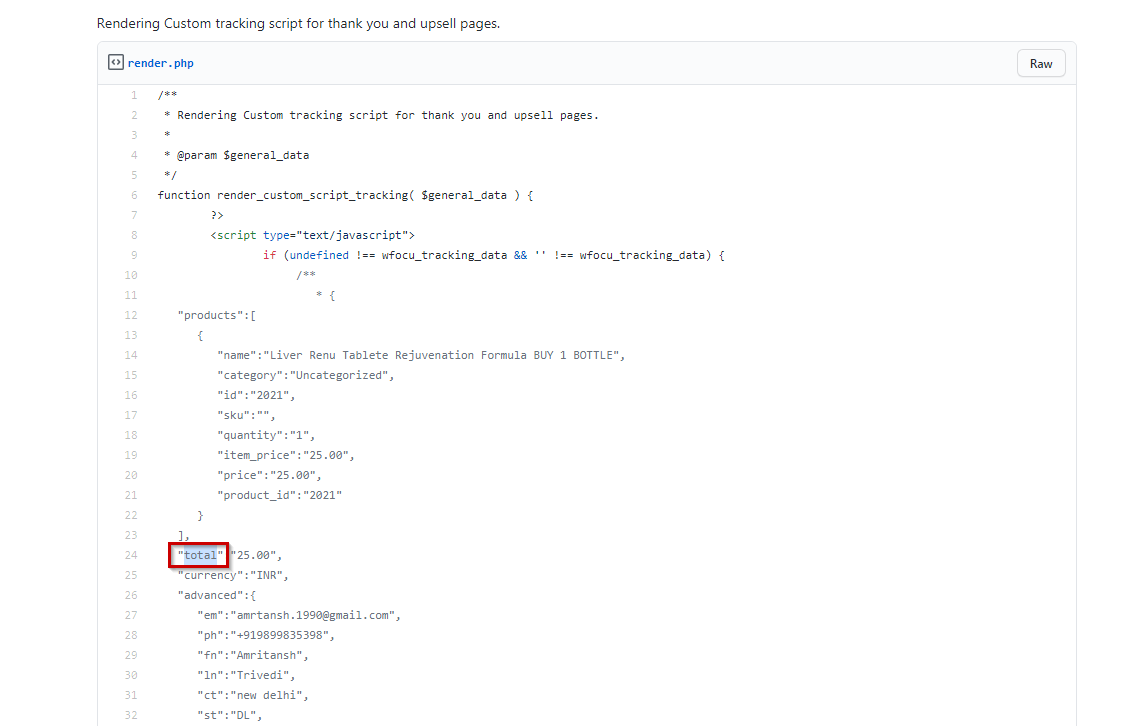 Screenshot showing the wfocu_tracking_data.total variable usage
