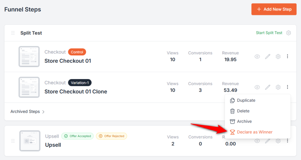 a/b testing results inside cartflows, declare the winning variant and go live