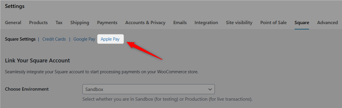 navigate to WooCommerce square settings and click on Apple Pay section