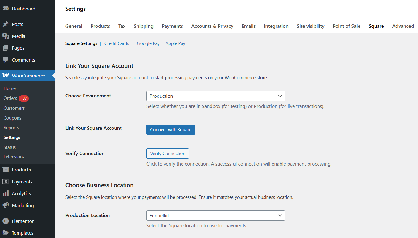 click connect with square to set up WooCommerce Square integration via FunnelKit