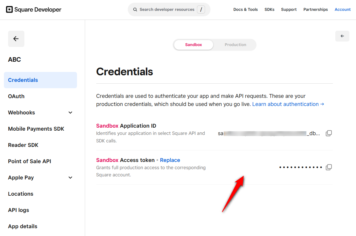 copy the Sandbox API Key and Access Token from your Square Developer dashboard.