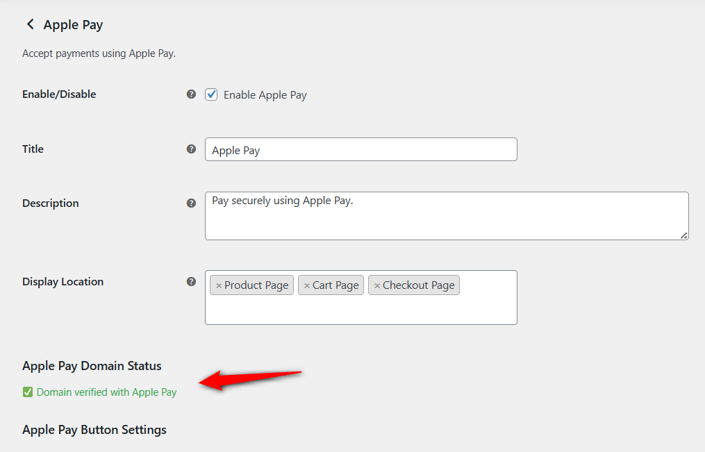 Apple Pay domain verified status
