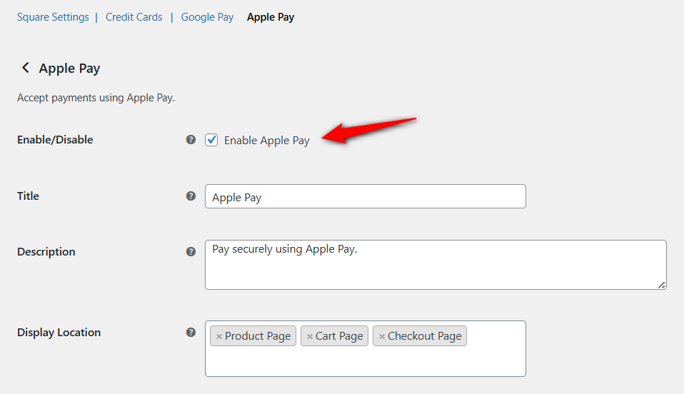 Enable Square Apple Pay gateway