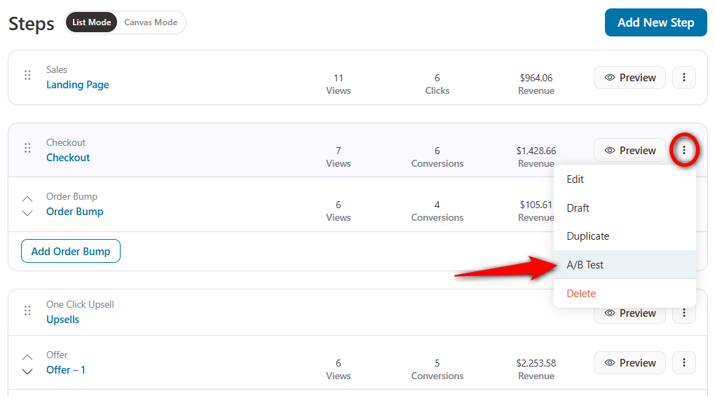 funnelkit a/b testing option inside funnels