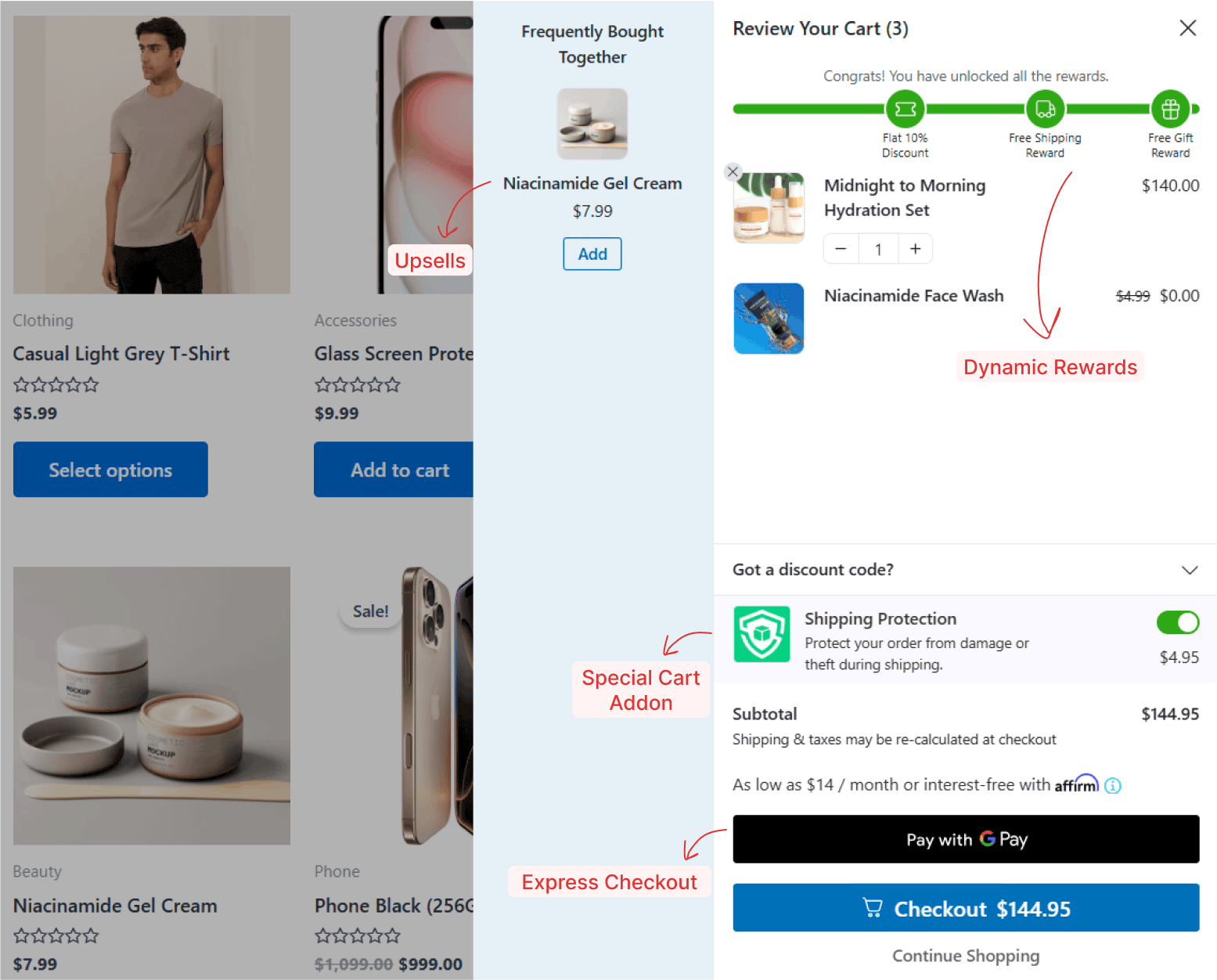 FunnelKit Cart with upsells, dynamic Rewards, express checkout, and special addon