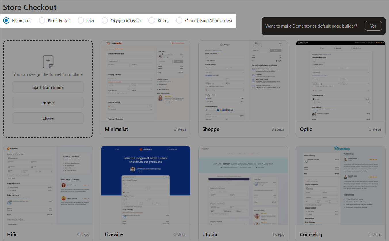 FunnelKit - select page builder and import any template to get started easily