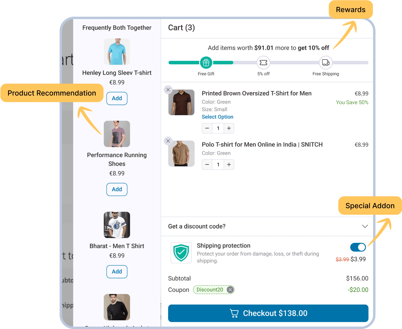WooCommerce sliding cart with product recommendations, rewards, and special add-ons