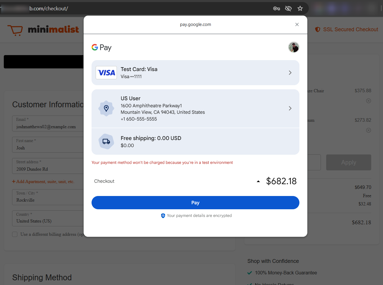 Test the Square Google Pay functionality using the test card