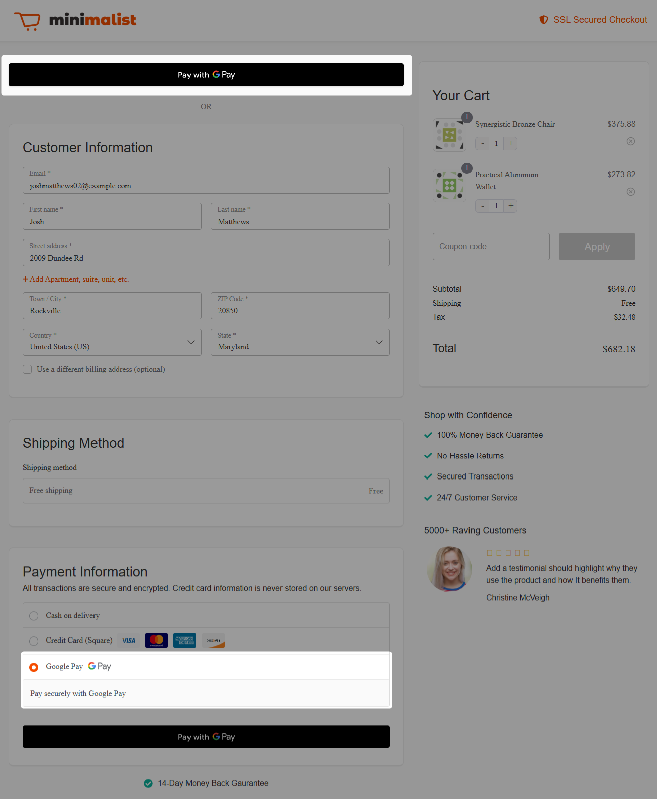 Preview of the Square google pay button appearing on the WooCommerce checkout page as both express and inline payment option