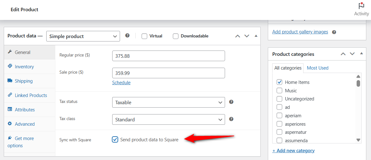 Send product data to Square checkbox