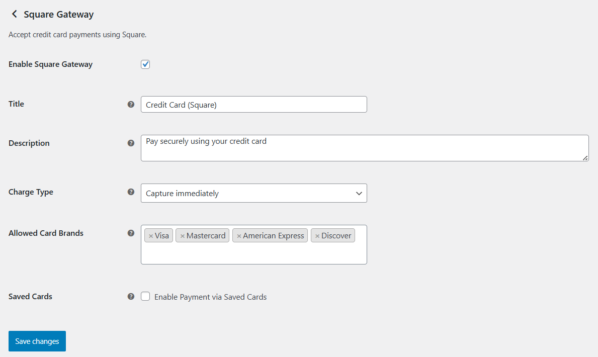 Configure the Square credit card option such as enable/disable button, title, description, charge type, allowed card brands, saved card settings.