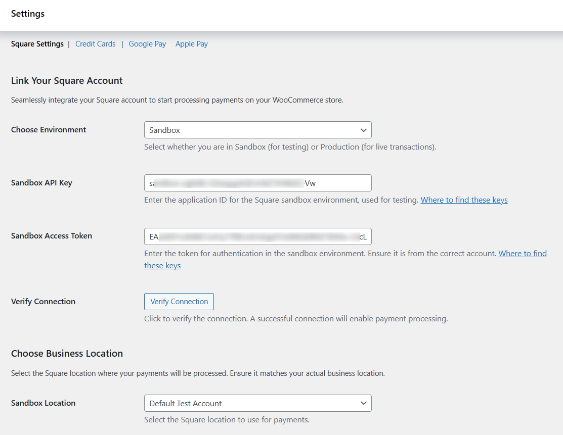 Square Sandbox API Key and Access Token