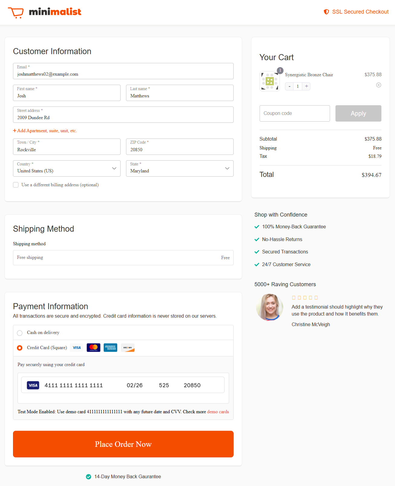 Preview of the Square credit card payment method on the WooCommerce checkout page