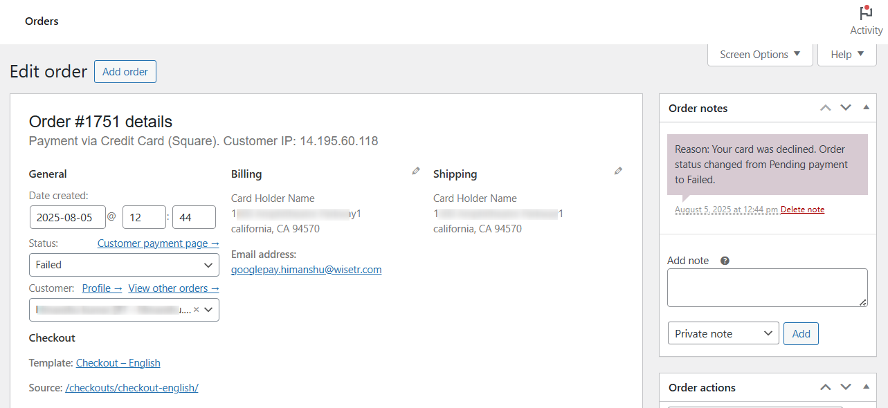 Check woocommerce order notes for payment failure