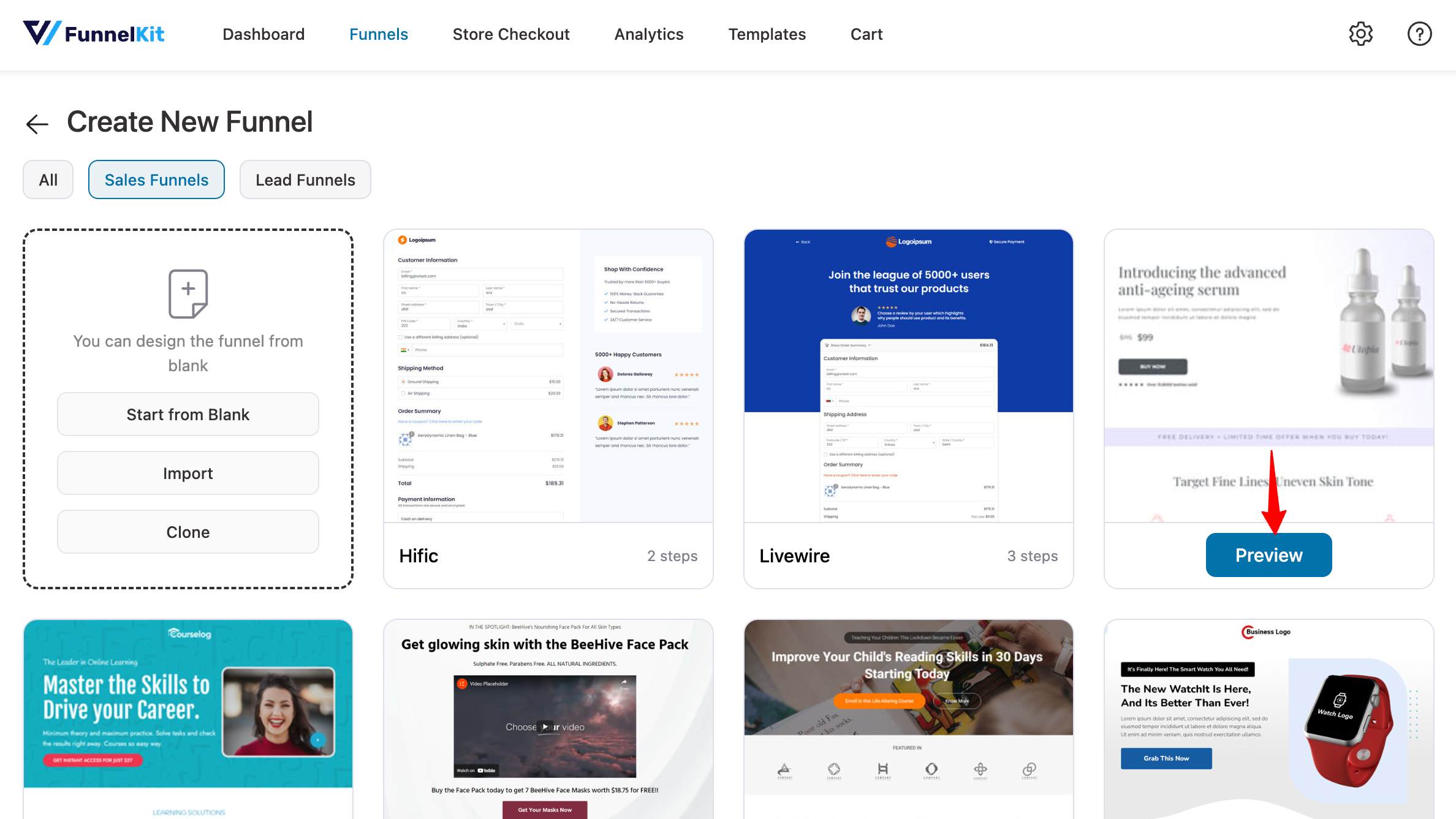 preview template to create a dedicated sales funnels