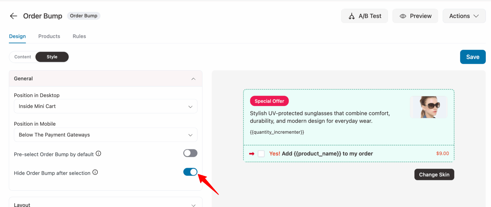 Hide Order Bump after Selection - FunnelKit