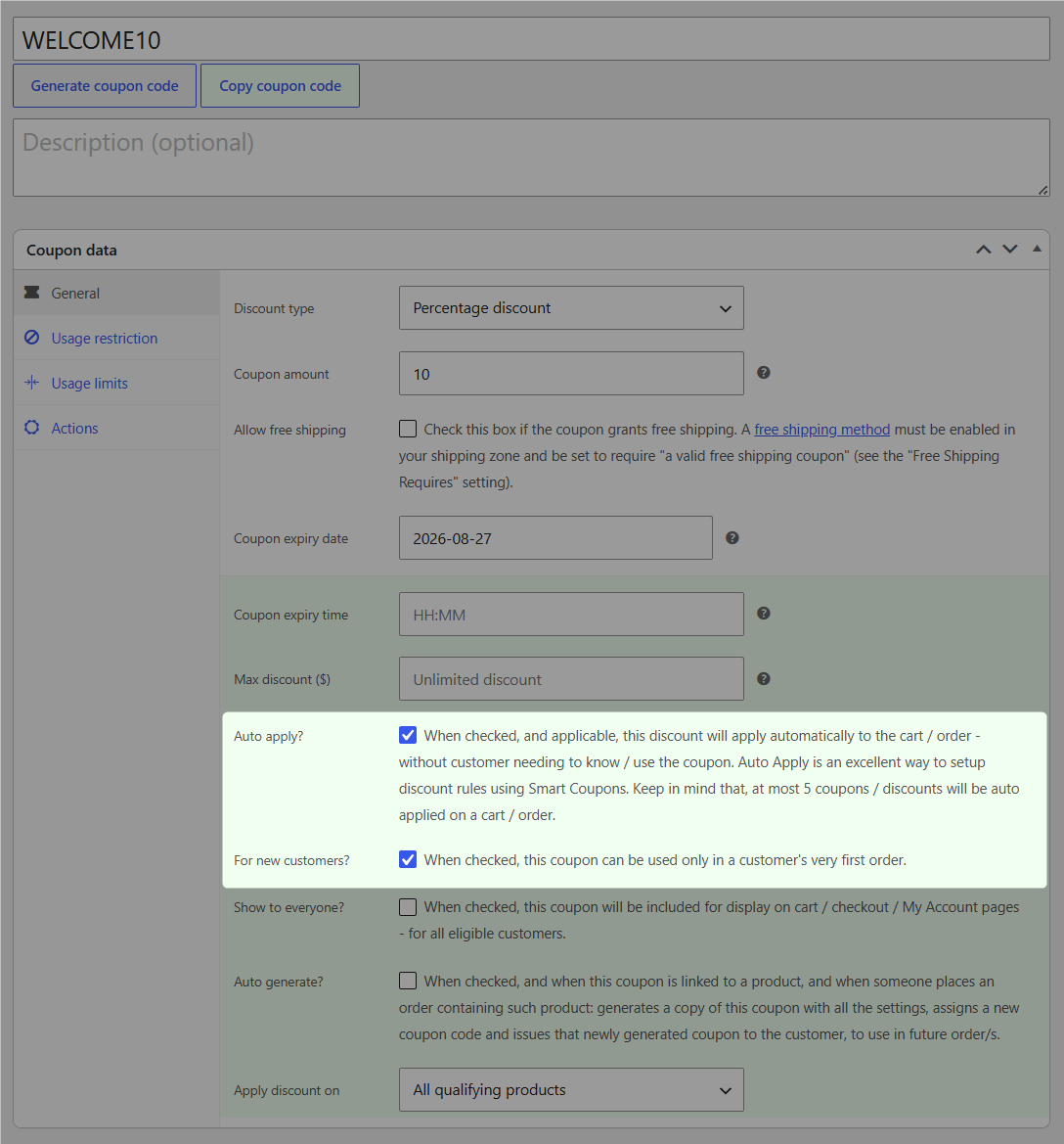 Create the rule, set Percentage discount to 15 with a $40 minimum, then add the condition that does the work: number of previous orders equals zero, or the equivalent “is first order” toggle.