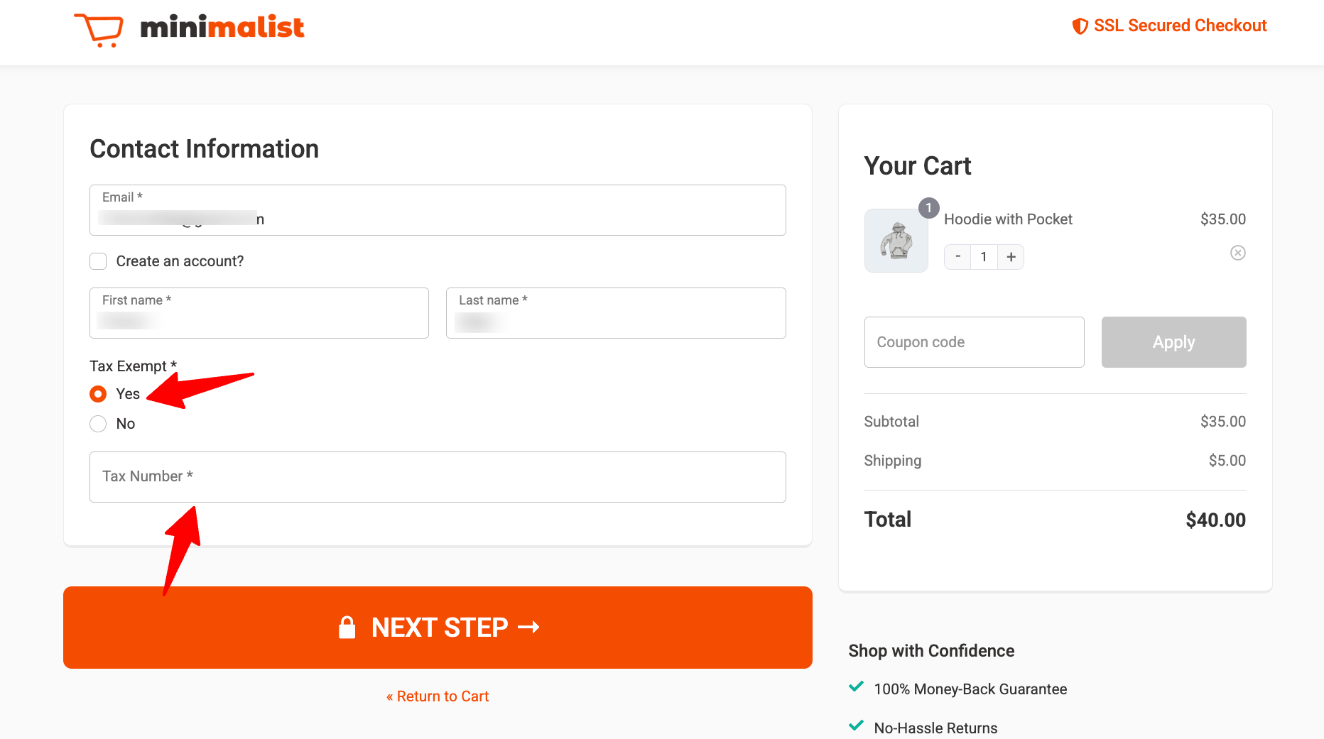 Conditional Tax Number field appearing after selecting Yes in radio field in checkout