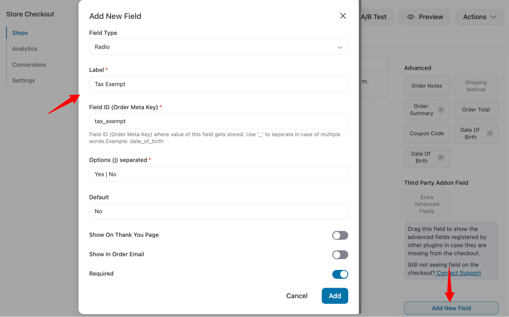 Radio field configuration settings in FunnelKit checkout showing Tax Exempt setup options