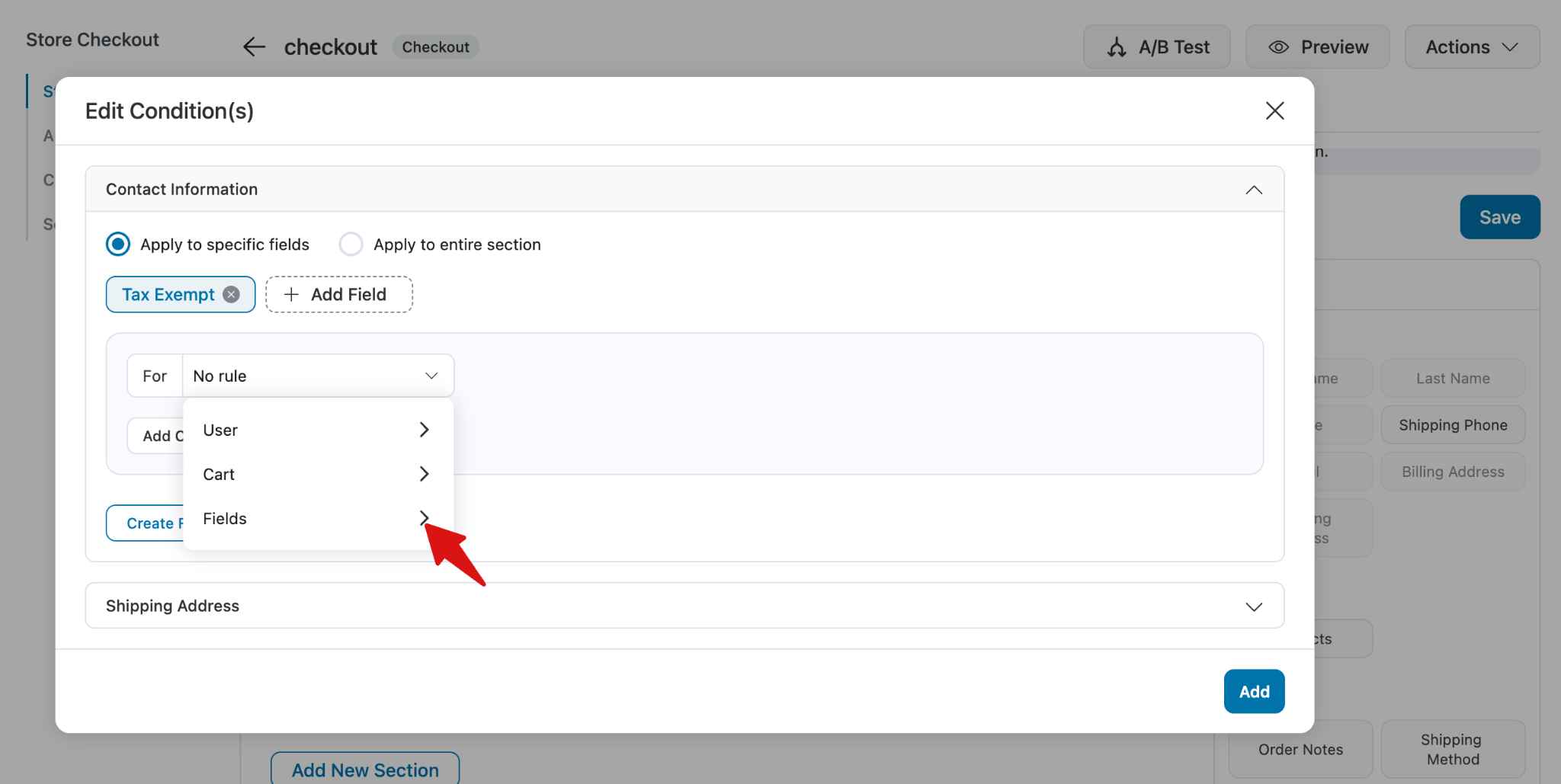 Opening existing checkout fields list to select condition source field in FunnelKit