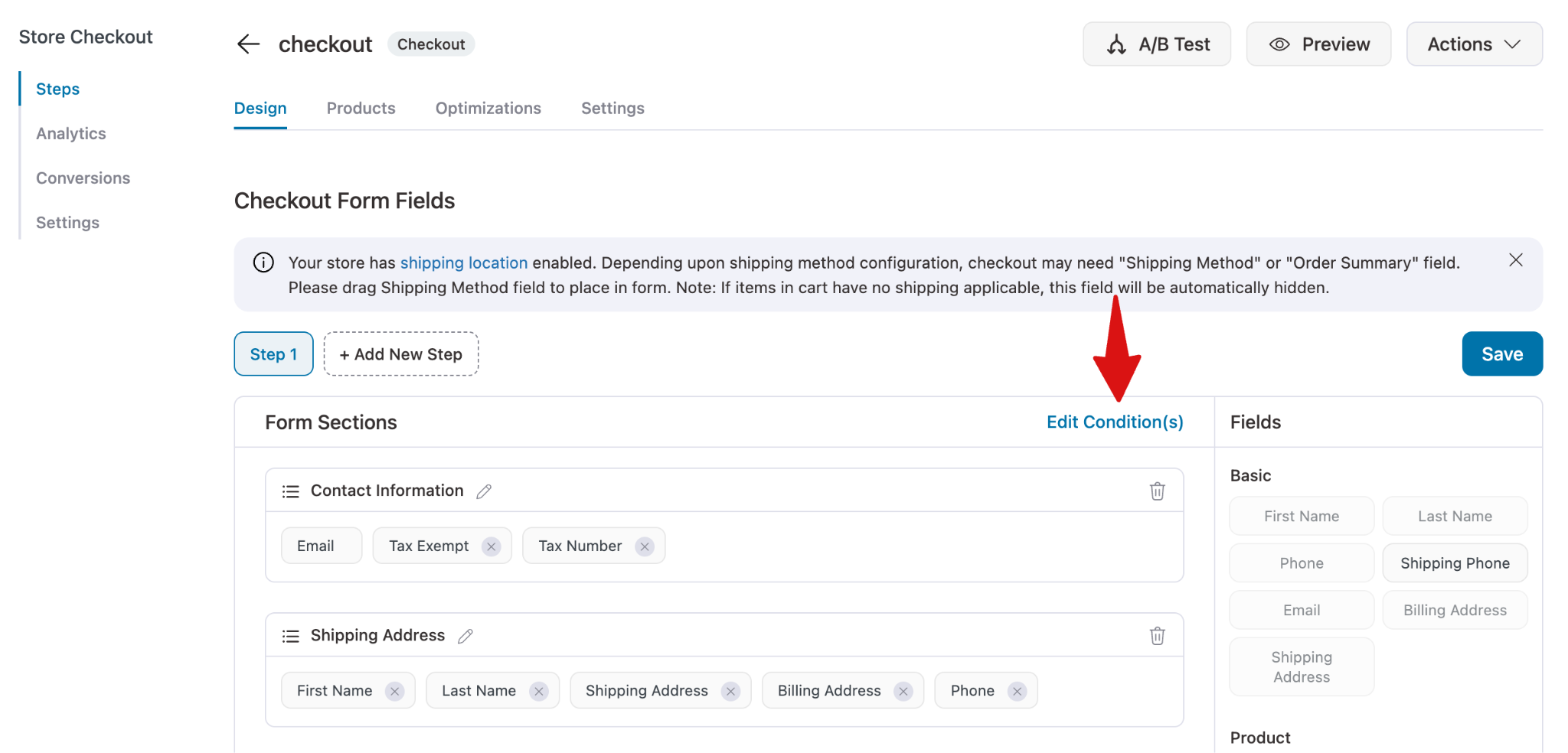 Editing conditional field rules inside FunnelKit checkout builder conditions panel