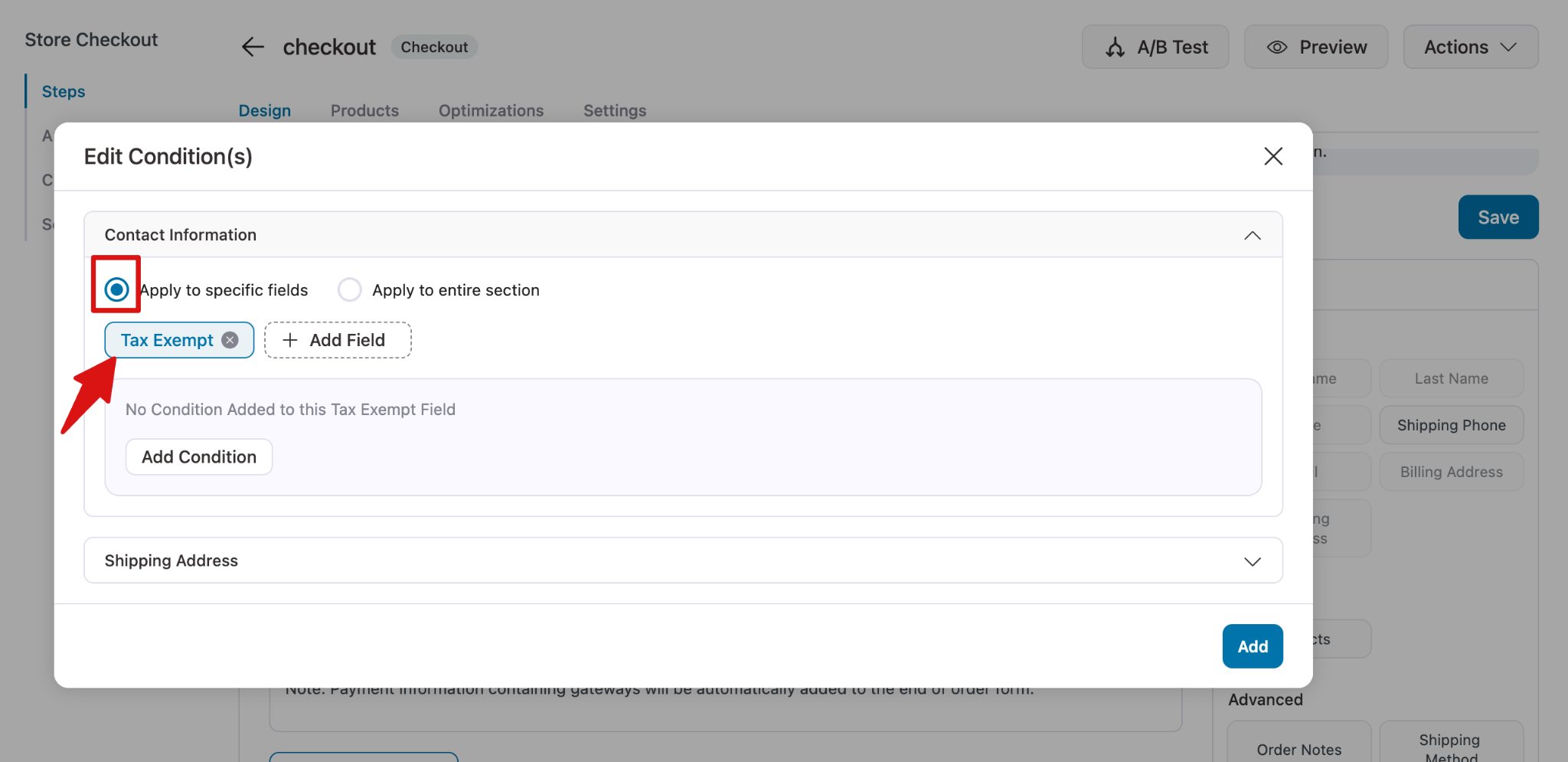 Selecting checkout field for applying conditional logic in FunnelKit checkout settings